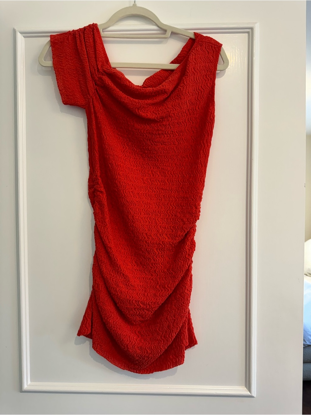 Red Coral Textured Draped Dress Off the Shoulder